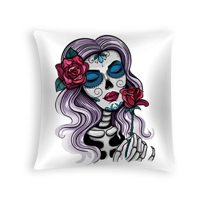Detail of Day of the Dead Catrina skull print on soft peach skin fabric pillowcase