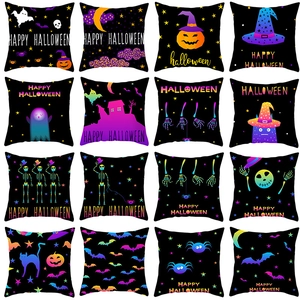 Halloween Throw Pillow Cover Polyester Black Neon Gradient Ghost Pumpkin Skull Print Decorative Cushion Case For Home Sofa