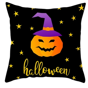 Halloween pillow cover with pumpkin wearing witch hat and stars on black background