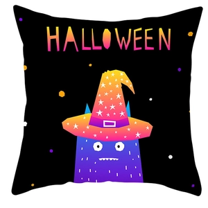 Detailed view of black Halloween pillowcase with purple monster and wizard hat print