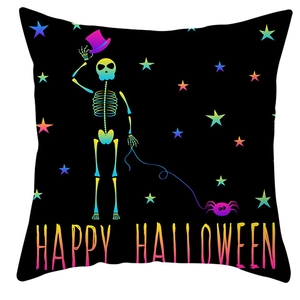 Detailed view of Halloween pillowcase with rainbow gradient skeleton and Happy Halloween text