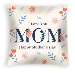 Close-up of peach skin cushion cover with floral patterns and Mother's Day text