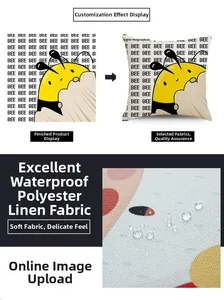 Détail de la housse de coussin imperméable en lin avec motif abeille et gouttes d'eau