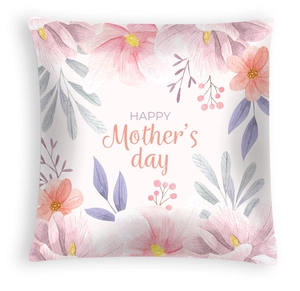 Detail of soft peach skin cushion cover featuring watercolor flowers and Mother's Day text