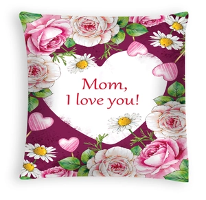 Close-up of peach skin pillowcase featuring floral watercolor art and Mom I love you text