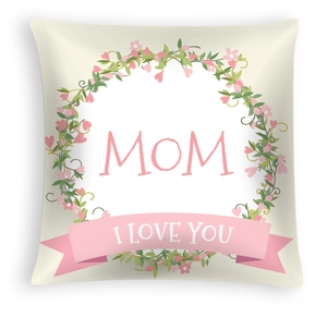 Detail of peach skin pillowcase with Mom I Love You floral wreath and pink heart elements