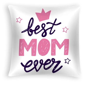 Macro detail of Mother's Day pillowcase with Best Mom Ever crown and heart pattern