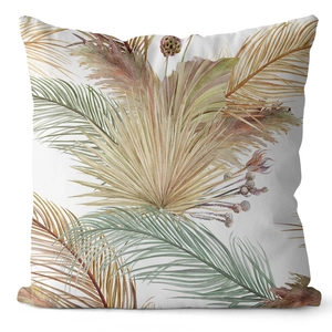 White peach skin cushion cover featuring golden ginkgo and tropical leaf prints