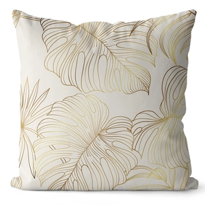 Golden tropical leaf print cushion cover on peach skin fabric for modern home decor