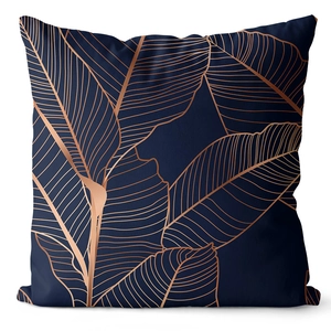 Detailed view of navy blue pillowcase with metallic rose gold ginkgo leaf printing