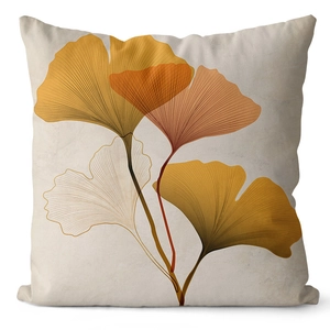 Detailed texture of peach skin fabric with golden ginkgo leaf print on cushion cover