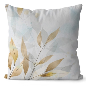 Detailed macro view of the watercolor golden ginkgo leaf print on peach skin fabric cushion
