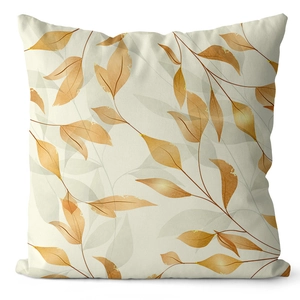 Detail of peach skin pillowcase with golden ginkgo leaves and autumn foliage print