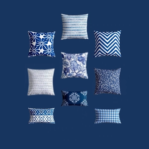 Blue and white Chinoiserie pillow covers set with geometric and floral patterns