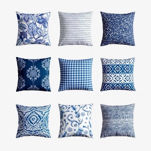 Classical Blue And White Porcelain Style Short Plush Pillow Case Geometric Floral Print Throw Cushion Cover For Sofa Home Decor