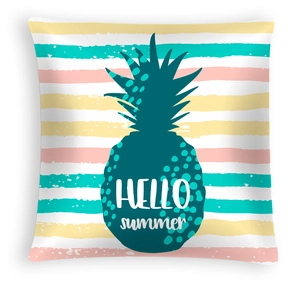 Detail of pineapple pattern with Hello Summer text on striped peach skin pillowcase