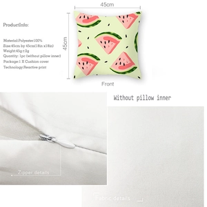 Detail of watermelon pattern pillow cover with invisible zipper and polyester fabric texture