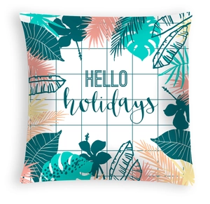 Detailed view of square peach skin pillowcase with tropical palm leaves and grid pattern