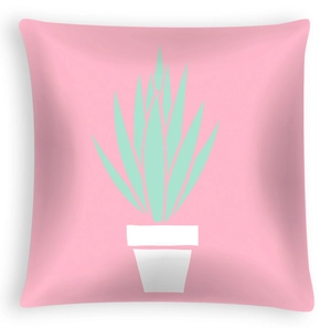 Detail of square pink pillowcase with a minimalist mint green succulent in a white pot