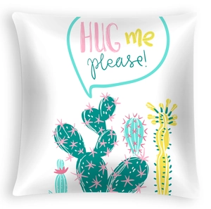 Detail of white fruit series cushion cover featuring cactus and HUG ME PLEASE text