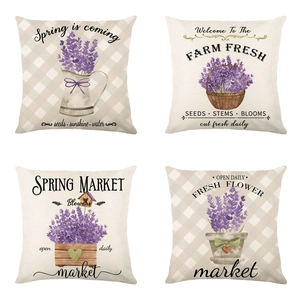 Rustic Lavender Floral Linen Cushion Cover Vintage Farmhouse Style Throw Pillowcase Purple Botanical Print Home Decor Square Case