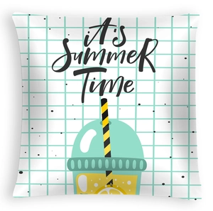 Detail of summer pillowcase with grid pattern, cold drink illustration and It's Summer Time text