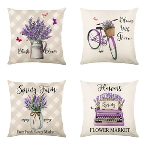 Set of 4 lavender print linen pillow covers featuring vintage floral farmhouse designs