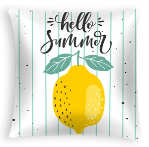 Detailed view of square pillowcase with lemon patterns and hello Summer typography