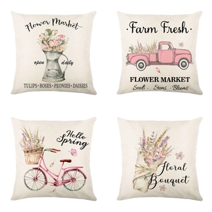 Set of 4 lavender linen throw pillow covers with floral and vintage farm watercolor prints