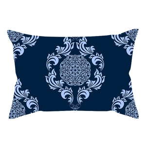 Detailed pattern of blue mandala and damask print on soft rectangular cushion cover