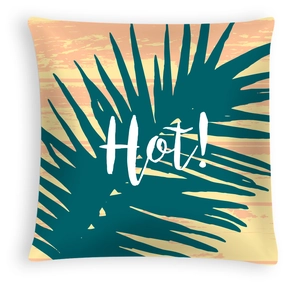 Detail of tropical palm leaf pillowcase with Hot text and sunset texture print