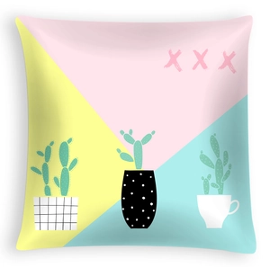 Detail of square pillowcase featuring cactus print and geometric colorful backdrop