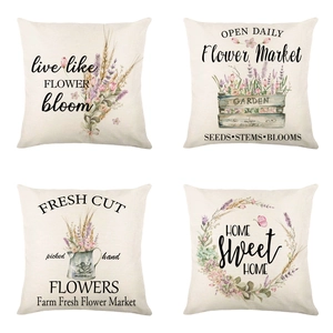 Set of four vintage lavender floral linen throw pillow covers for sofa decoration