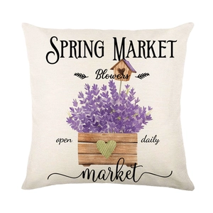 Square lavender pillow cover with Spring Market print on cream linen for sofa decor