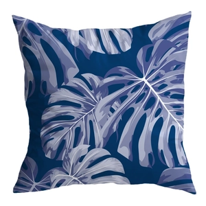 Blue pillowcase with purple monstera leaf print, minimalist tropical design square cushion cover