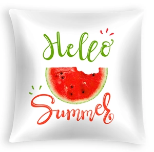 White square summer cushion cover featuring watermelon print and Hello Summer text