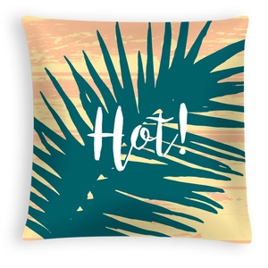 Tropical palm leaf print throw pillow case with orange background and Hot text