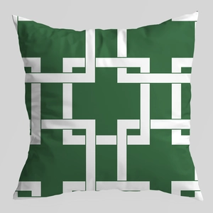 Detailed view of dark green and white geometric pattern on square soft fabric pillowcase