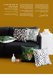 Detail of five peach skin cushion covers featuring tiger, palm leaf, and geometric prints