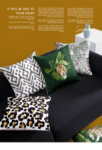 Detail showing tropical tiger and geometric patterns on peach skin pillowcases