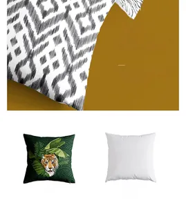 Detail of tiger and tropical leaf print cushion cover with front and back comparison
