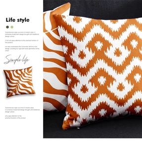Close-up of orange wave and leaf patterns on premium textured fabric cushion covers