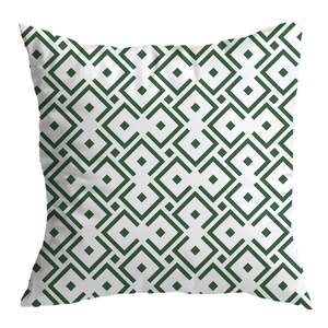Square cushion cover with green geometric patterns on a white fabric background