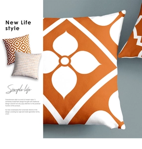 Detail of orange geometric decorative pillow covers showing fabric texture and patterns