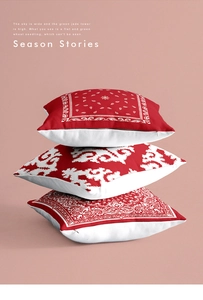 Detail of red geometric patterns and invisible zippers on classic cotton linen cushion covers