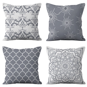Set of four geometric gray and white square pillow covers with damask and mandala prints