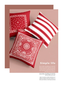 Detail of red geometric and floral patterns on square cushion covers in ethnic style