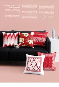 Detail view of red and white patterned cushions on a black sofa against a pink wall