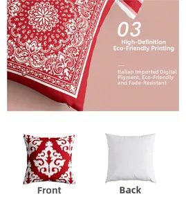 Detailed view of red geometric paisley pillow cover with eco-friendly printing