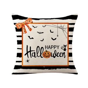 Halloween pumpkin linen pillow cover with black white stripes and happy halloween print